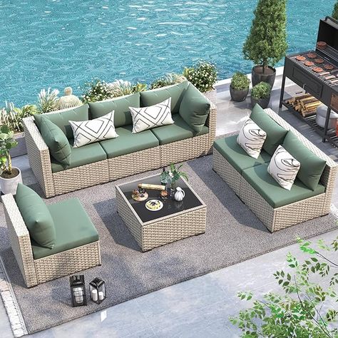 Amazon.com: UDPATIO Patio Furniture Set Outdoor Modular Sectional Sofa Set 7 Piece Wicker Rattan Conversation Patio Couch for Porch Garden Backyard (Grey/Green) : Patio, Lawn & Garden Courtyard Furniture, Grey Rattan Garden Furniture, Green Patio, Wicker Couch, Patio Couch, House Outdoor, Rattan Garden Furniture, Porch Garden, Garden Backyard