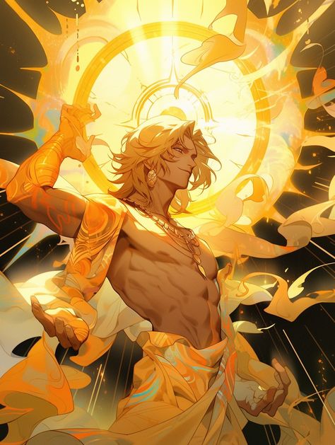 God Of Electricity, Sun God Concept Art, Apollo Fantasy Art, The Sun As A Human, Sun God Design, Gods Oc Art, Sun God Art Male, Sun People Art, Fire God Art Male