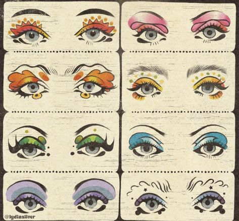 Unique Eyebrow Shapes, Pippin Musical Makeup, Carnival Inspired Makeup, Cool Lip Makeup, Funky Eyeshadow Looks, Beginner Drag Makeup, Weird Core Makeup, Easy Drag Makeup, Glam Rock Makeup 70s