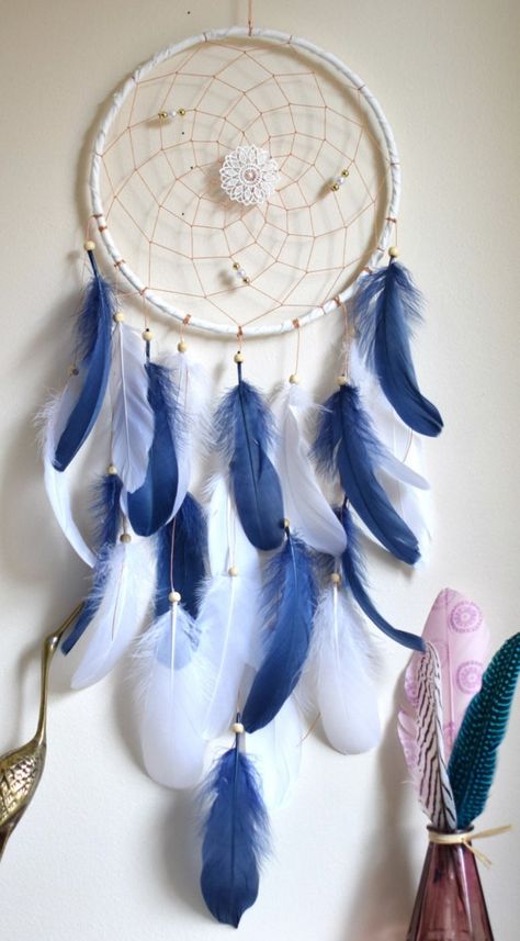 Western Boho Home Decor, Nursery Mobile Girl, White Dream Catcher, Navy Blue Decor, Whimsical Bedroom, Dream Catcher Mobile, Boho Office, Dream Catcher Decor, Dream Catcher Art