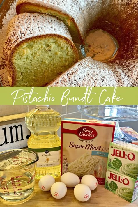 This is a 2 photo collage - top photo of a Pistachio Bundt Cake cut, showing the inside of the cake. The bottom photo shows the ingredients needed to make the cake displayed on a cutting board. Water, oil, 5 eggs, box of white cake mix and two boxes of pistachio pudding. Easy Pistachio Bundt Cake, Green Bundt Cake, New Years Bundt Cake Recipes, Pistachio Bundt Cake With Sour Cream, Easy Pistachio Cake Instant Pudding, Flavored Bundt Cakes, Pistachio Pudding Cake Recipe, Pistachio Pound Cake Recipes, Pistachio Bundt Cake Recipes