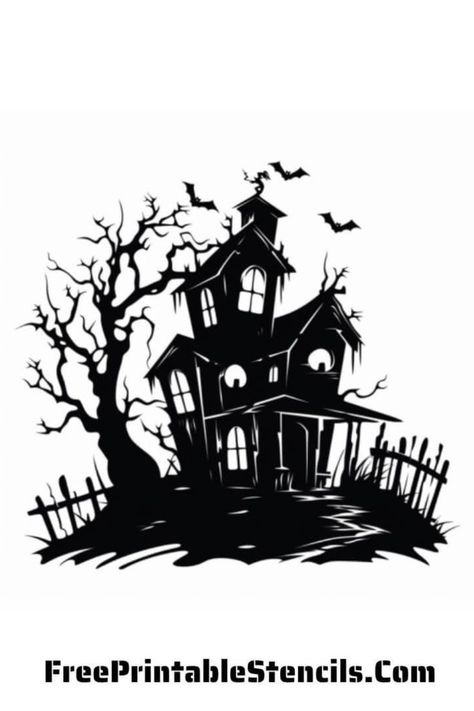 Printable Haunted House Stencils Pumpkin Carving Haunted House Tattoo, Haunted House Clipart, Haunted House Svg, House Png, Halloween Svg Files, Free Stencils Printables, House Silhouette, Halloween Haunted House, Stencils Printables