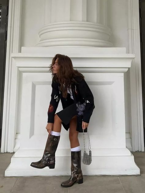 10 Fall Boot Trends to Step Into Cooler Temps in Style Tall Black Boots Winter, Party Boots Outfit, Fall Boots Outfit Aesthetic, Navy Knee High Boots Outfit, Scrunch Boots Outfit, Winter Boots Outfits 2024, Astor Boots Outfit, Black Rider Boots Outfit, Knee High Pointed Toe Boots Outfit