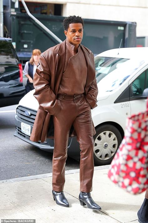 Brown Leather Outfit Men, Men In Heeled Boots, Brown Outfit Men Street Styles, Leather Suit Mens, All Brown Outfit Men, Leather Men Outfit, Brown Outfits For Men, Leather Outfit Men, Leather Pants Outfit Men