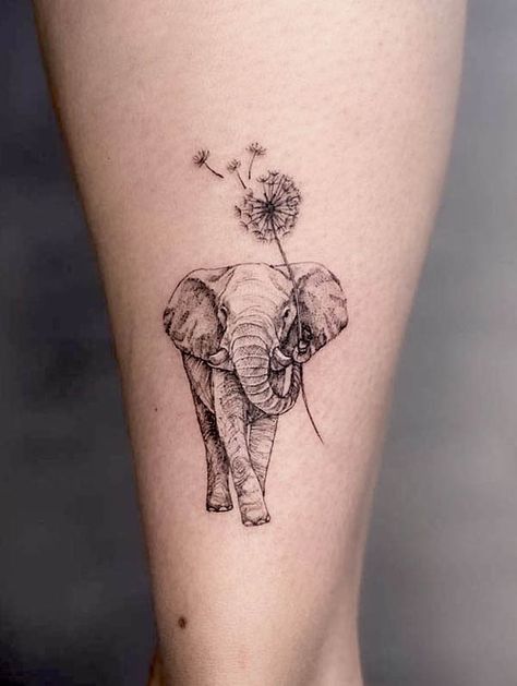 Dandelion and elephant tattoo by @maymay.tattoo Elephant And Peony Tattoo, Elephant Memorial Tattoo Mom, Elephant Shin Tattoo, Tattoos With Elephants, Elephant Memorial Tattoo, Soup Tattoo, Elephant Art Tattoo, Elephant Family Art, Small Elephant Tattoo