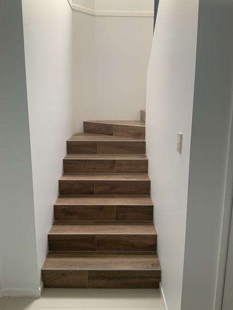 N-Tim K03 Timber Look Tile Installed by Dream Tiling Wood Tile Stairs, Internal Stairs, Timber Tiles, Tile Stairs, Tile Installation, Wood Tile, Tile Design, Interior Design Projects, Warm And Cozy