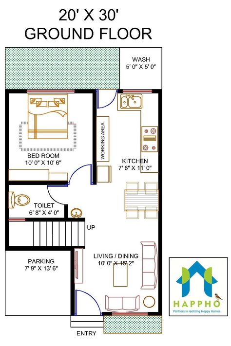 Vastu Complaint 1 Bedroom (bhk) Floor Plan For A 20 X 30 Feet Plot (600 Sq Ft Or 67 Sq Yards). Check Out For… Pelan Rumah Kecil, Pelan Lantai Rumah, 20x30 House Plans, West Facing House, North Facing House, 20x40 House Plans, 30x40 House Plans, Vastu House, 2bhk House Plan