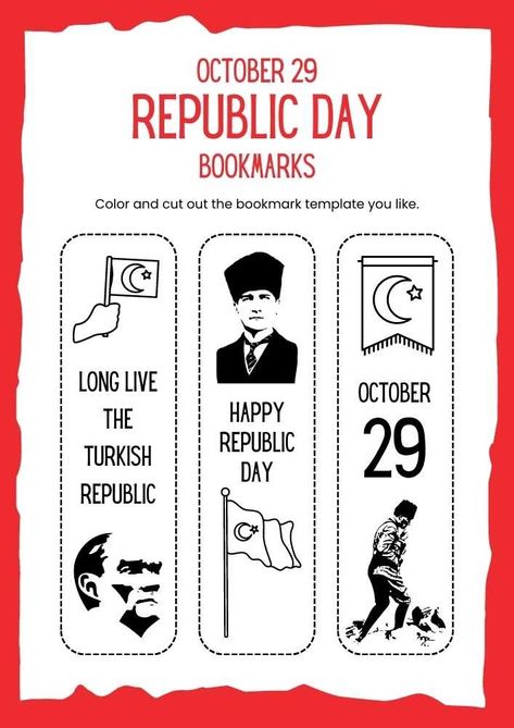 October 29 Turkish Republic Day Paper Bookmarks Republic Day Worksheet For Kids, Republic Day Activity For Preschool, Republic Day Activity, Turkey Kindergarten, Drama For Kids, Turkey Activity, October Activities, India Crafts, 29 October