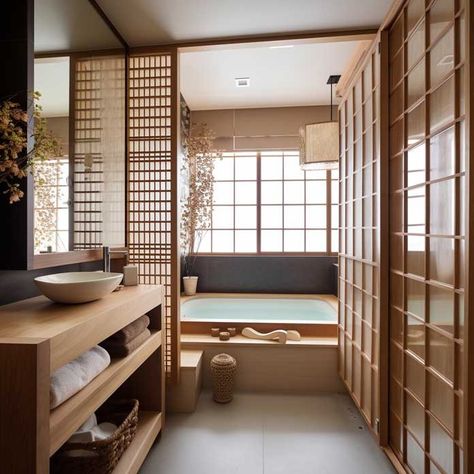 Japandi Bathroom Design, Japanese Bathroom Design, Japanese Bathroom, Zen Interiors, Japanese Home Design, Japanese Style House, Modern Style Bedroom, Traditional Japanese House, Zen Bathroom