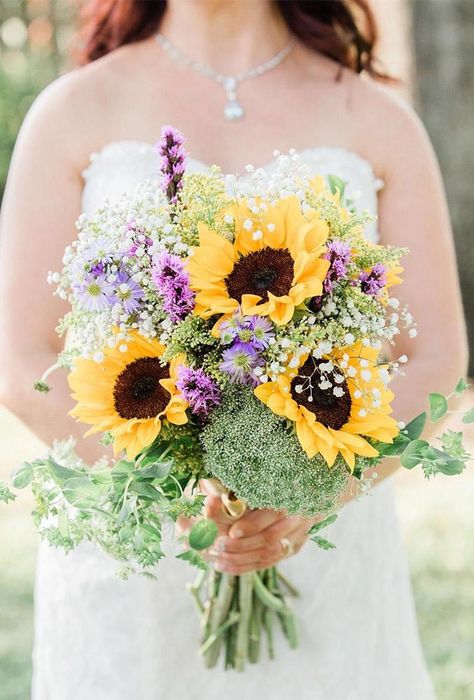 24 Brilliant Sunflower Wedding Bouquets For Happy Wedding Purple Sunflower Wedding, Orchid Bridesmaid Dresses, Sunflower Bridal Bouquet, Colorful Wedding Bouquet, Purple Bridal Bouquet, Sunflower Wedding Bouquet, Sunflower Themed Wedding, Wedding Themes Summer, Bridal Sunflowers