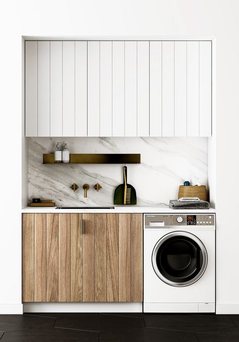 Small Laundry Spaces |   via adoremagazine.com   #laundry #laundryroom #laundryinspo #smallspaces #europeanlaundry #whiteandwood Laundry Nook, Laundry Room Storage Shelves, Small Laundry Room Organization, Room Storage Diy, Laundry Design, Laundry Room Inspiration, Storage Small, Laundry Decor, Small Laundry Rooms