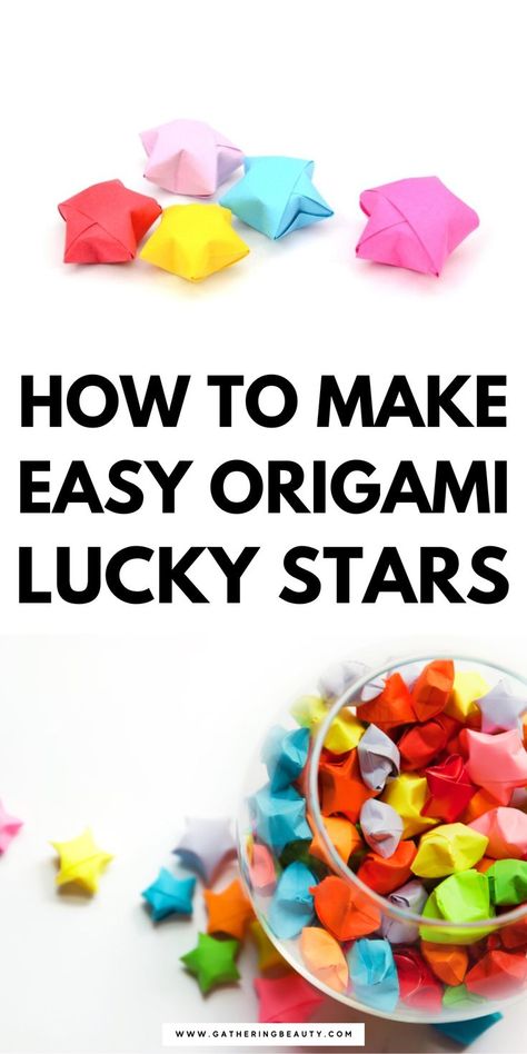 Glass bowl filled with tiny origami lucky stars shot from overhead. Folded Paper Stars, Origami Easy Step By Step, Origami Star Paper, Origami Lucky Star, Trending Crafts, Kids Origami, Origami Patterns, How To Make Origami, Easy Origami