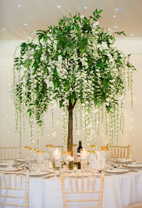 Wisteria Tree Decor, Wedding Tree Centerpiece, Wedding Tree Decorations Indoor, Wisteria Flower Centerpieces, Diy Fake Tree Decor, Wisteria Wedding Centerpieces, Wisteria Tree Wedding, Wedding Tree Centerpieces, Wedding Seating Decor