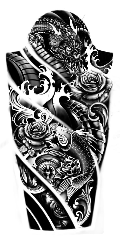 Koi Tattoo Sleeve Forearm, Dragon Koi Tattoo Design, Tato Setengah Lengan, Koi Dragon Tattoo, Koi Tattoo Sleeve, Warrior Tattoo Sleeve, Tato Ikan Koi, Mangas Tattoo, Koi Tattoo Design