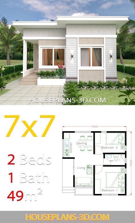 Small 3 Bedroom House Plans With Flat Roof 3 Bedroom Contemporary 0AD 2 Bedroom House Design, House Plans 3d, One Bedroom House Plans, Small Modern House Plans, One Bedroom House, Flat Roof House, Pelan Rumah, Small House Layout, Two Bedroom House