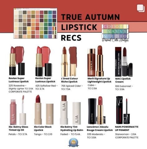 True Autumn Nail Color Palette, Soft Autumn Makeup Lipsticks, Leaf Autumn Color Analysis, True Autumn Lipstick Colour, Dark Autumn Lipstick Colors, Warm Autumn Lipstick, True Autumn Lipstick, Deep Autumn Lipstick, Warm Autumn Makeup