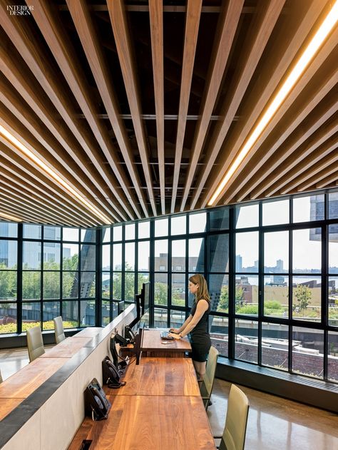 Sola Chairs from Davis Furniture in the Samsung Global Center of Excellence - designed by Gensler Baffle Ceiling, Interior Ceiling Design, Balcony Railing Design, College Library, Furniture Design Chair, Ceiling Detail, True Grit, Center Of Excellence, Interior Work