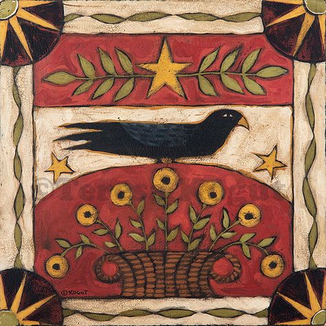 Crow And Flowers, Bühnen Design, Primitive Painting, Arte Folk, Primitive Folk Art, Art Populaire, American Folk Art, Arte Popular, Tole Painting