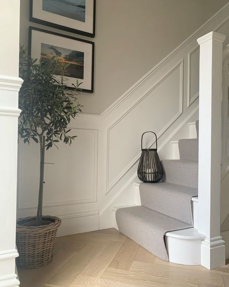 Sophie Higgs | Stairs Panelling🤍 A few tips on how we carried the panelling in our hallway up the stairs. Swipe along to see ➡️ To get the line for the... | Instagram Panelled Walls Up Stairs, Panelled Hall Stairs And Landing, Stair And Landing Ideas Paint Colors, Staircase With Paneling, Panelling Up Staircase, Landing Bannister Ideas, Half Panelled Staircase, Small Hallway And Stairs Ideas, Hallway Half Panelling