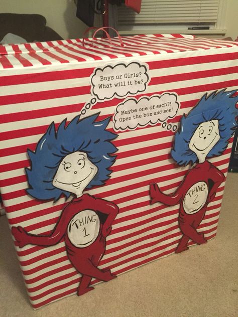 gender reveal box for twins. thing 1 thing 2 Gender Reveal Box, Twins Announcement, Twin Gender Reveal, Twin Pregnancy Announcement, Gender Reveal Party Theme, Gender Announcements, Gender Reveal Themes, Gender Reveal Ideas, Baby Reveal Party