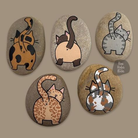 Cat Butts Painting, Painting Cats On Rocks, Cat Stone Art, Cat Painted Rocks Ideas, Painted Rocks Cats, Cat Rock Painting Ideas, Cat Rock Painting, Pet Rocks Craft, Cat Rock