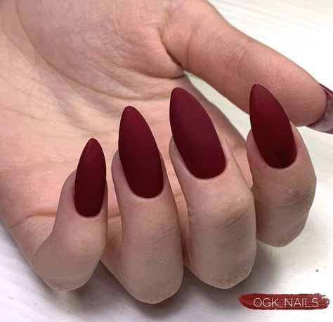 Deep Red Nails Matte, Matte Dark Red Nails Almond, Mate Red Nails, Taupe Nails Acrylic, Matte Dark Red Nails, Nails Almond Matte, Matte Maroon Nails, Matte Almond Nails, Red Matte Nails