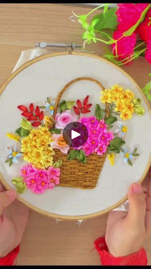 Ribbon Embroidery Flower Basket, Ribbon Basket, Flowers In Basket, Flowers In A Basket, Silk Ribbon Embroidery Tutorial, Embroidery Simple, Design Of Flowers, Sulaman Pita, Silk Ribbon Embroidery Patterns