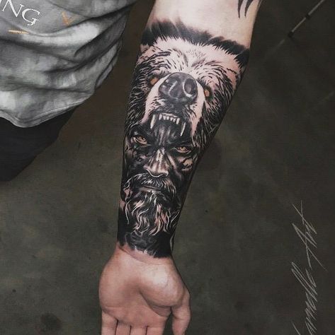 Men Viking Tattoos Arm, Viking Tattoos For Men Forearm, Odin Bear Tattoo, Bear Warrior Tattoo, Viking Man Tattoo, Viking Tattoos Arm, Timberwolf Tattoo, Viking Half Sleeve Tattoo For Men, Bear Tattoos For Men Arm