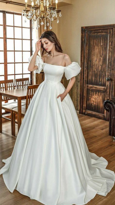 Modern Wedding Dress Ballgown, Elegant Wedding Dress Puffy Sleeves, Plain Wedding Dress Ballgown, Poofy Sleeves Wedding Dress, Simple Satin Wedding Dress Ballgown, Puffsleeves Gown, Puffy Sleeve Wedding Dress Princesses, Satin Sleeve Wedding Dress, Aline Ballgown Wedding Dress