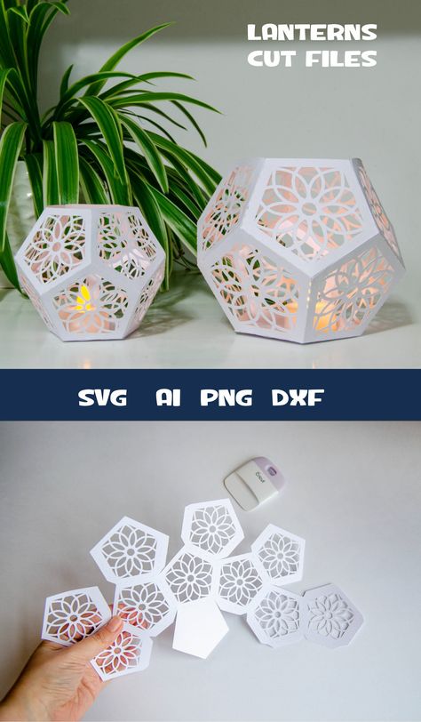 3D Paper Craft Cricut Paper Projects, Lantern Template, Lantern Svg, 3d Paper Projects, Idee Cricut, Pentagon Shape, Folding Origami, Ge Bort, Cricut Projects Beginner