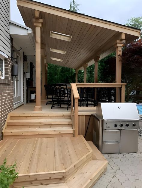 Deck Off Back Of House Covered, Decks With Roof Ideas, Covered Deck Pergola, Roof On Deck Ideas, Covered Decks Designs, Tin Roof Porch Covered Decks, Front Deck With Roof, Covered Back Porch Mobile Home, Covered Pergola On Deck