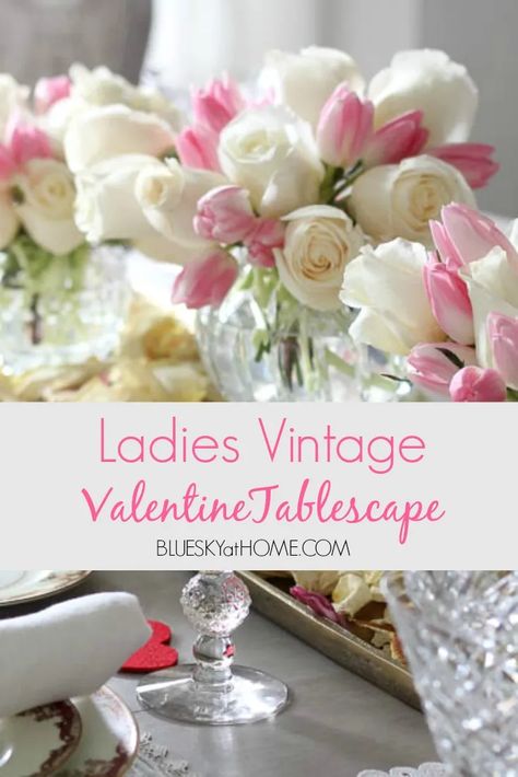 Ladies Vintage Valentine Tablescape. Use your best vintage dishes and treasures to create a feminine Valentine tablescape for your girlfriends. #valentinetablescape #vintagevalentines #vintagetablescape #blueskyathome Valentines Day Tablescapes, Valentines Tea Party, Valentines Brunch, Valentine Tablescape, Valentines Day History, Valentine History, Vintage Valentines Decorations, Pretty Table Settings, Valentine Table