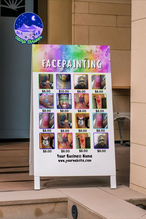 Editable template for a face painting menu! Easily upload your own photos and snap into the frames to showcase your designs for each event. Edit the text, add your logo, or change the colors to make it just right for your business. Face Painting Poster Ideas, Face Painting Sign, Board Template, Painting Templates, Menu Board, Sign Templates, Price List, Painted Signs, Business Names