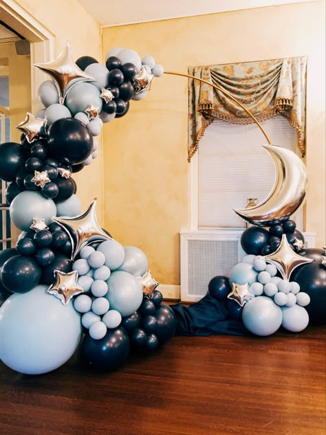 Sun Moon And Stars Party Decorations, Starry Night Wedding Table Setting, Prom Themes Starry Night Under The Stars, Stary Night Sweet 16 Party Ideas, Celestial Balloon Garland, Blue Star Themed Party, Night Themed Quinceanera, Stars And Moon Sweet 16, Night Under The Stars Backdrop