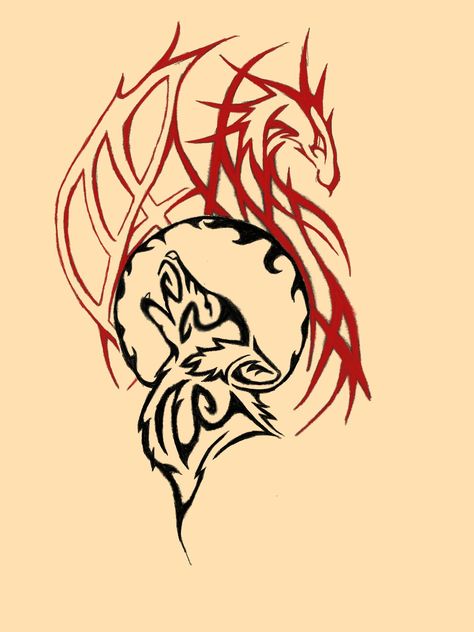 Tribal print dragon-wolf tattoo design Dragon And Wolf Drawing, Dragon And Wolf Tattoo Design, His And Her Dragon Tattoo Ideas, Trible Wolf Tattoo, Dragon Matching Tattoos, Wolf And Dragon Tattoo, Wolf Dragon Tattoo, Norse Dragon Tattoo, Norse Wolf Tattoo