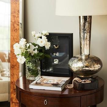 Cherry Makeup Vanity with Gray Vanity Stool - Transitional - Bathroom Jessica Bennett, Transitional Bedroom Design, Bedside Table Styling, Mercury Glass Lamp, Harmony Design, Rustic Wood Floors, Alice Lane Home, Alice Lane, Taupe Walls