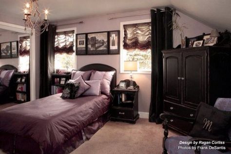 Purple/Black/Tan/Gray Bedroom Gothic Bedroom Ideas, Bedroom Ideas Romantic, Goth Bedroom, Gothic Bedroom, Stylish Bedroom Design, Purple Bedrooms, Victorian Bedroom, Apartment Chic, Shabby Chic Bathroom