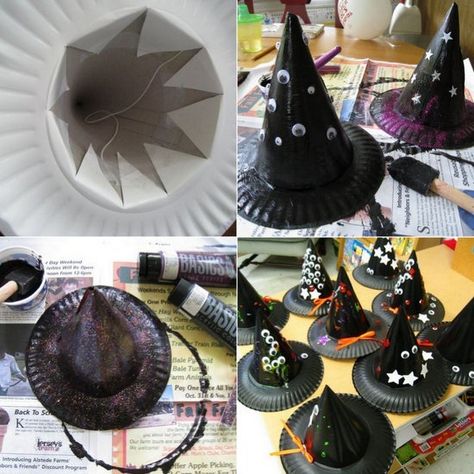 Diy. Haz tus propios sombreros de bruja con platos de papel #disfraceshalloweencaseros Halloween Infantil, Halloween Crafts Preschool, Witches Hats, Fun Halloween Crafts, Halloween Preschool, Manualidades Halloween, Easy Halloween Crafts, Halloween Witch Hat, Fall Halloween Crafts