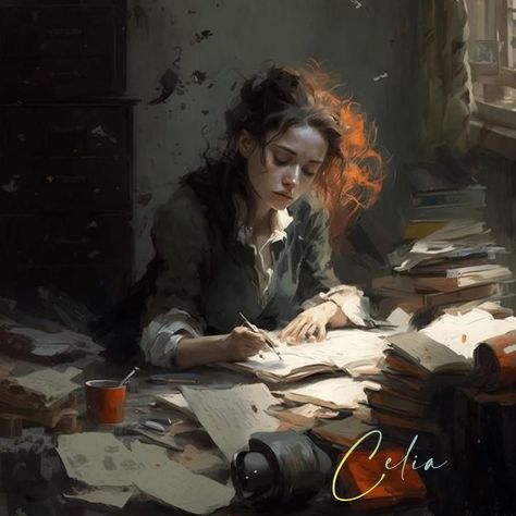 Writer Aesthetic Drawing, Woman Writing Painting, Writer Art Illustration, Anime Writer Aesthetic, Writing Art Illustration, Hard Working Woman Aesthetic, Fantasy Writer Aesthetic, Working Women Illustration Art, Writing Novel Aesthetic