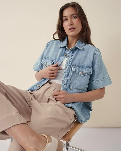 The Boxy Denim Shirt - Vintage Blue Short Sleeve Denim Shirt Outfit, Denim Shirt Outfit, Short Sleeve Denim Shirt, Wardrobe Inspiration, July 10, Summer Fits, Denim Shirt, Affordable Fashion, Shirt Outfit