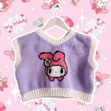 🧚‍♀️💗 vivi crochet 💗🧚‍♀️ on Instagram: “my melo sweater 🐰💜 first try doing a graphghan, it looks so cute!!! now i want to make a sanrio collection 🤔 . . . #crochet #crocheter…” Sanrio Crochet Clothes, Pixel Crochet Sweater, Sanrio Crochet Pattern, Sanrio Crochet Free Pattern, Crochet For Table, Sanrio Sweater, Plushies Hello Kitty, Vivi Crochet, Sanrio Crochet