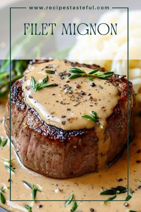 Indulge in a classic steak dinner with this Filet Mignon topped with a rich and creamy peppercorn sauce. Perfect for special occasions or a luxurious weeknight meal, this dish is sure to impress your family and friends. Filet Toppings, Filet Mignon With Red Wine Sauce, Shallot Peppercorn Cream Sauce, Filet Mignon Recipes Pan Seared And Oven, Sauce For Filet Mignon Steaks, Filet Mignon And Shrimp Recipes, Steak And Peppercorn Sauce, Cognac Sauce For Steak, Crockpot Filet Mignon