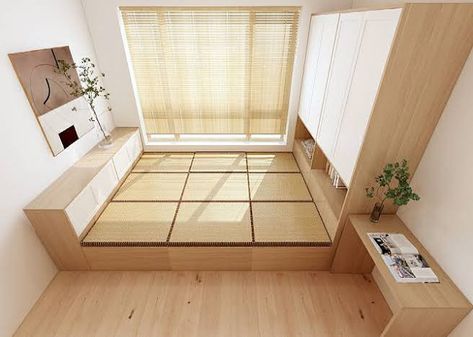 Minimal Small Bedroom, Japandi Interiors Bedroom, Glass Door Wardrobe, Interior Design Japanese, Wardrobe Open, Bed Board, Bed With Wardrobe, Tatami Bed, Japanese Storage