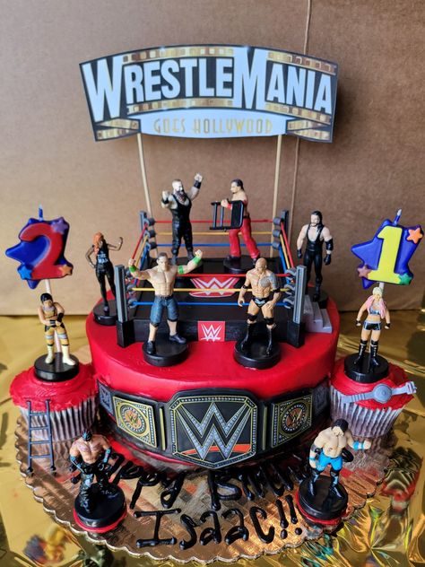 WWE WrestleMania Birthday Cake. WrestleMania 39. WrestleMania goes Hollywood! #JohnCena. #WWE #WWESuperstars. #21stBirthdayCake #Wrestlers. #Wrestling 40th Birthday Wrestling Theme, Wwe Birthday Cakes For Boys, Wrestlemania Birthday Party, Wwe Birthday Party Ideas Cake, Wwe Theme Party, Wwe Cake Ideas, Wwe Birthday Party Ideas Decoration, Wrestling Party Ideas, Wwe Party Ideas