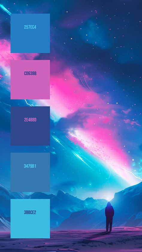 Colors:
257EC4
CD63BB
2E488D
3479B1
3BBCE2 Neon Blue Color, Blue Color Palette, Majestic Mountains, Blue Colour Palette, Neon Blue, Neon Colors, Color Pallets, Mountain Landscape, Room Colors