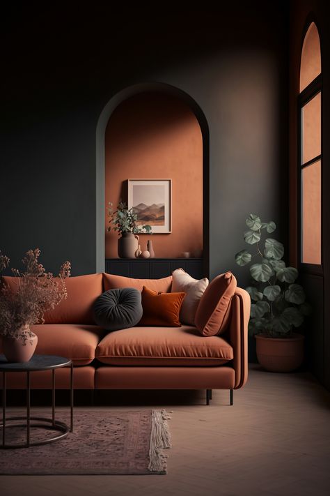 Warm and Cosy Terracotta Living Room, Living Room Orange, Cosy Living Room, Interior Bedroom, Patio Interior, Living Room Green, Home Decor Living Room, Art Prompts, Telegram Channel