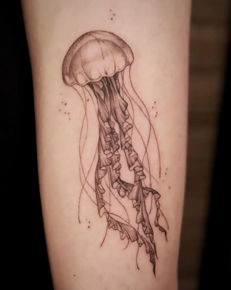 Jelly Fish Tattoo, jelly fish tattoo designs, jelly fish tattoo meaning, small jelly fish tattoo Jellyfish Tattoo Designs For Women, Jellyfish Tattoo Realistic, Box Jellyfish Tattoo, Small Geometric Tattoo Minimalist, Jelly Fish Tattoo Design, Jelly Fish Tattoo Simple, Watercolor Jellyfish Tattoo, Traditional Jellyfish, Moon Jellyfish Tattoo