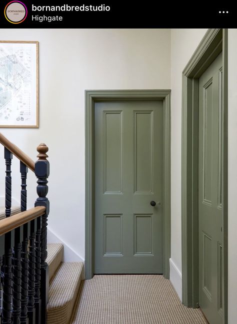 Hall And Landing Paint Ideas, Colored Doors Interior, Green Contrast Trim, Hallway Wall Colors, Green Hallway Ideas, Painted Interior Doors, Hallway Colours, Green Hallway, Hallway Inspiration