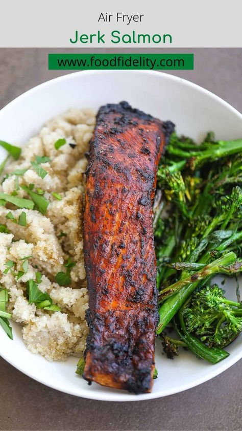 Jerk Salmon Recipe, Jerk Paste, Salmon Filet Recipe, Collard Greens Salad, Jerk Recipe, Jerk Salmon, Fresh Salmon, Fresh Recipes, Easy Air Fryer