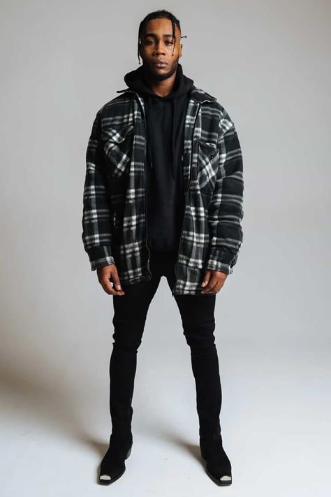 Flannel Over Hoodie Outfit, Black Flannel Outfit Men, Flannel Over Hoodie, Black And White Flannel Outfit, Black Flannel Outfit, Shirt Over Hoodie, White Flannel Outfit, Hoodie Black And White, Black Boots Outfit